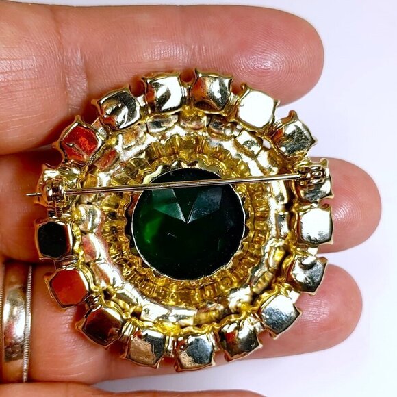 1950's Austria Brooch Rhinestone Glass Blue large Green Faced Stone Brooch - Picture 6 of 9